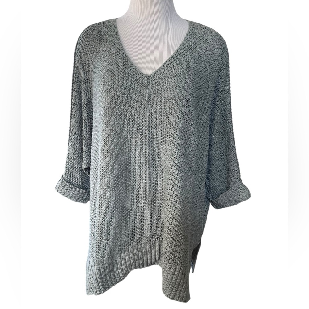 SHE + SKY Sage Green V Neck Oversized Sweater Split Hem 3/4 Sleeve One Size